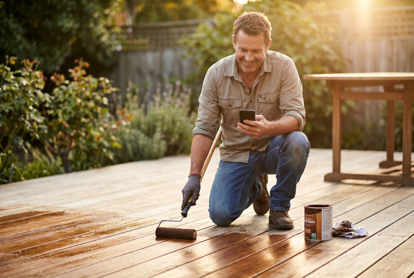 Homeowner staining a backyard wood deck, phone in hand