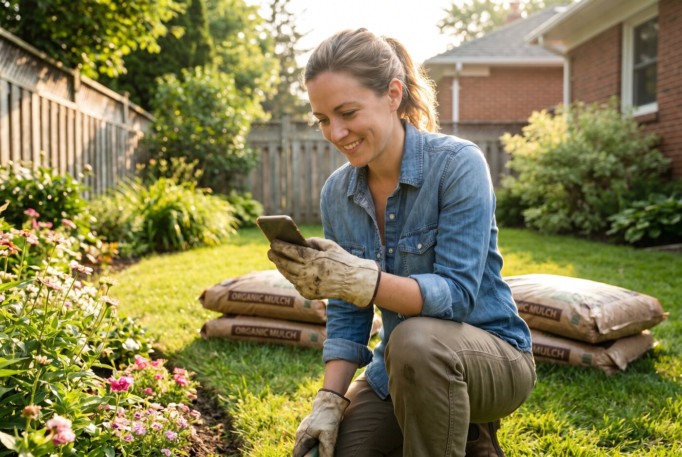 Homeowner checking her phone beside a garden bed with bags of mulch